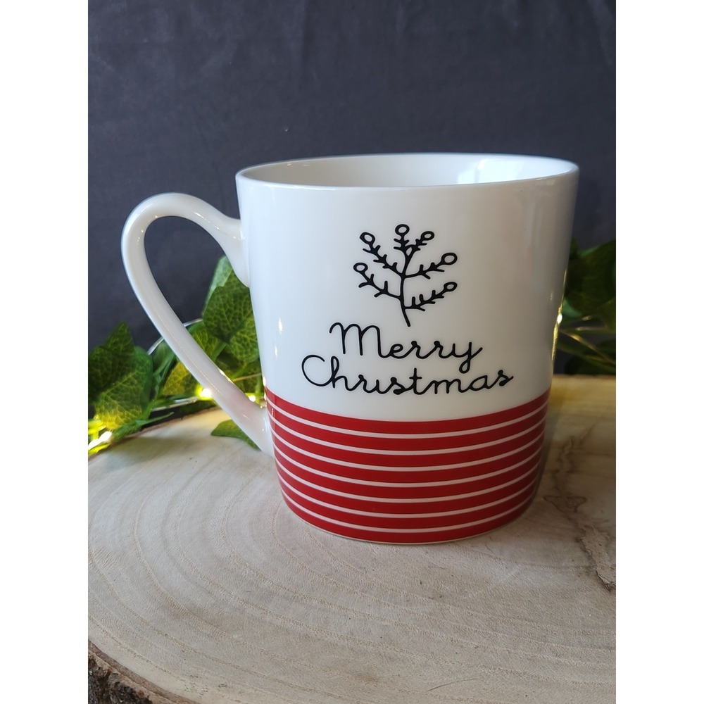 Sleigh Bell Bistro Merry Christmas Coffee Mug Cup Red White Stripe Tea Hot Cocoa